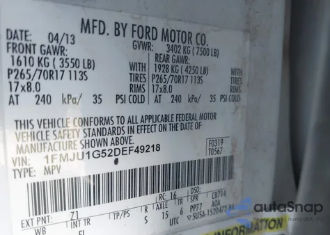 2013 Ford Expedition Xl z USA, uszkodzony, nr VIN 1FMJU1G52DEF49218